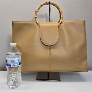 Womens Large Tote Shopper Bag Tan Vegan Leather Bamboo Handle Retro Coastal Boho